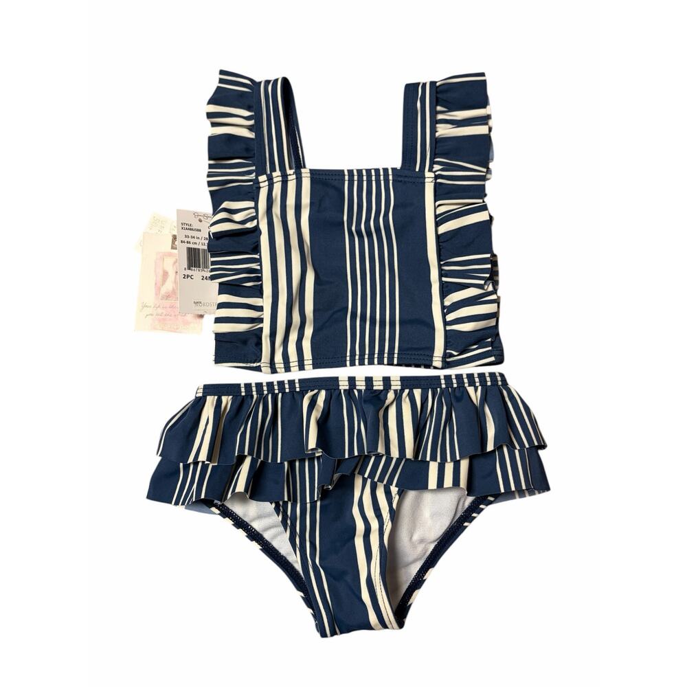 Jessica Simpson Baby Girls 2PC Swimsuit Navy Stripe Ruffle Bikini 24M NWT 🌼